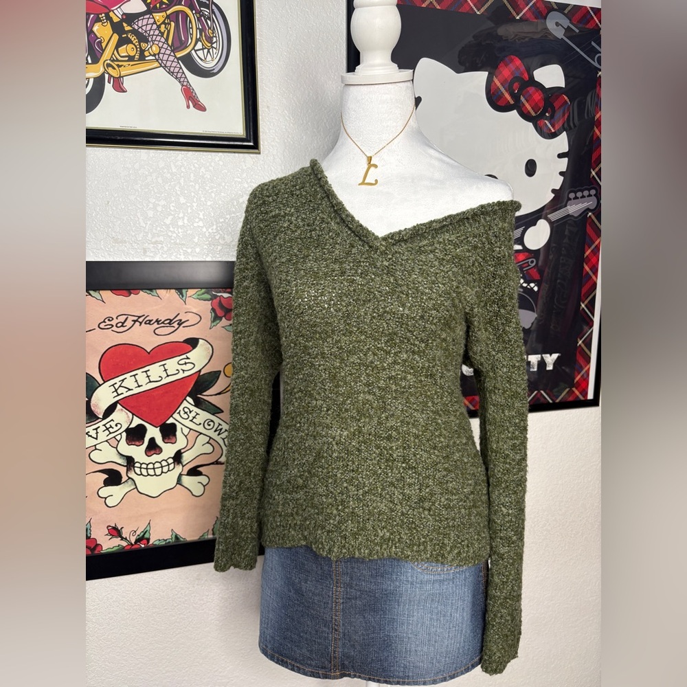 Alliance Olive Green Boucle Knitted V Neck Sweater Cozy Fall